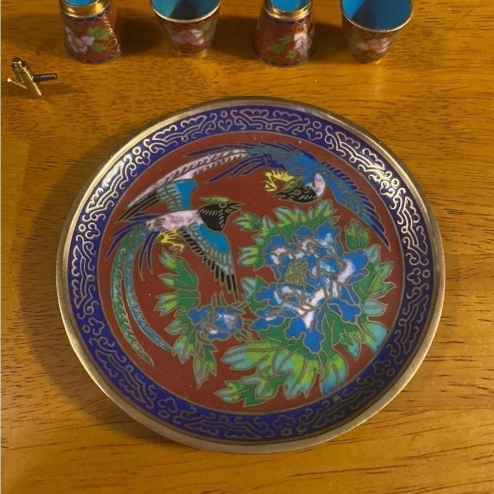 Cloisonné Decorative Plate with Bird & Floral Motif in Blue and Red
